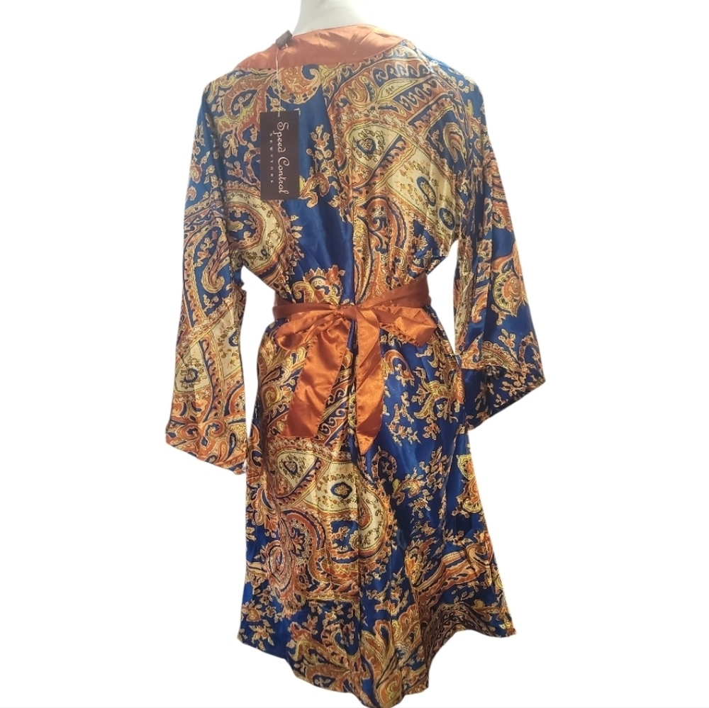 Speed Control blue gold rust print satin kimono midi dress Large nwt - Picture 7 of 7